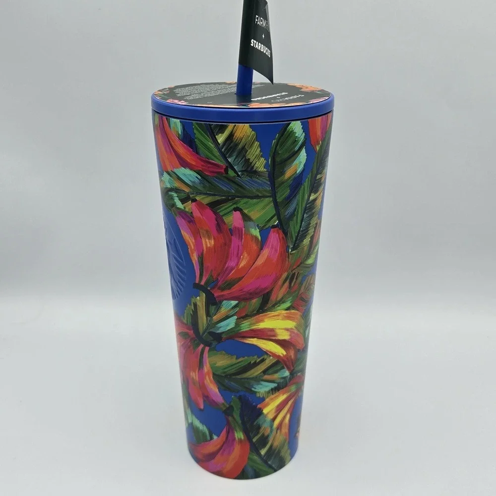 New‎ Farm Rio + Starbucks Blue Banana Vibrant Stainless Cold Cup Tumbler 24 oz